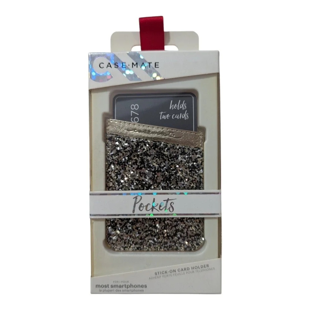 F2. Case-Mate Pockets Stick-on Card Holder - Glitter Gold Fits Most Smartphones